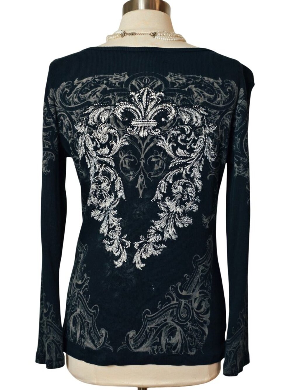 Vocal Womens XL Rhinestone Top Black Lng Slv Embellished Fleur-De-Lis Graphic - Picture 3 of 6